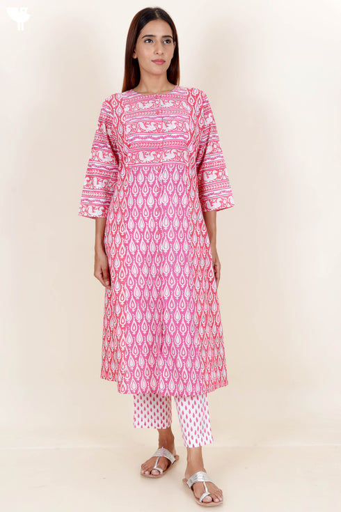 Cotton Kurta And Pant Set With Dupatta In Block Print