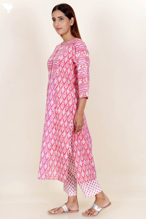 Cotton Kurta And Pant Set With Dupatta In Block Print
