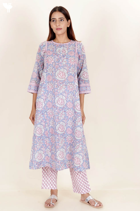 Mulmul Kurta Pant Set With Dupatta In Block Print