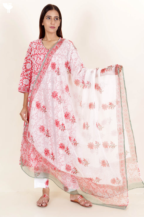 Cotton Kurta And Pant Set With Dupatta In Block Print