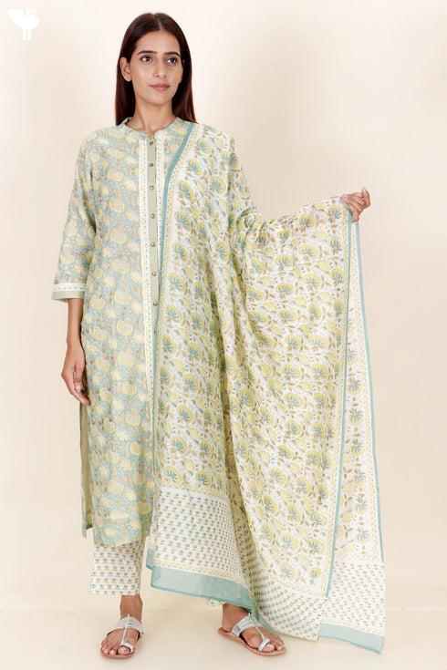 Chanderi Silk Kurta Pant And Dupatta Set In Block Print