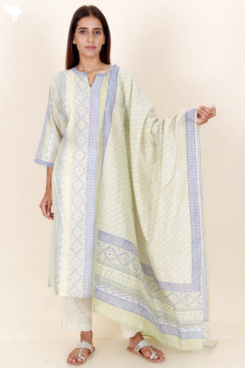 Chanderi Silk Kurta Pant And Dupatta Set In Block Print