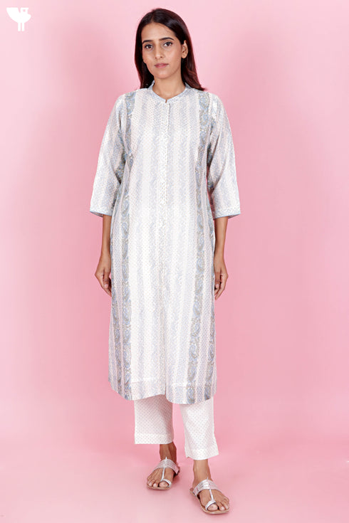 Chanderi Silk Kurta Pant And Dupatta Set In Block Print