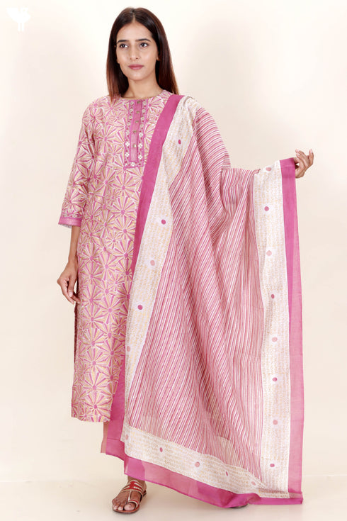 Chanderi Silk Kurta Pant And Dupatta Set In Block Print