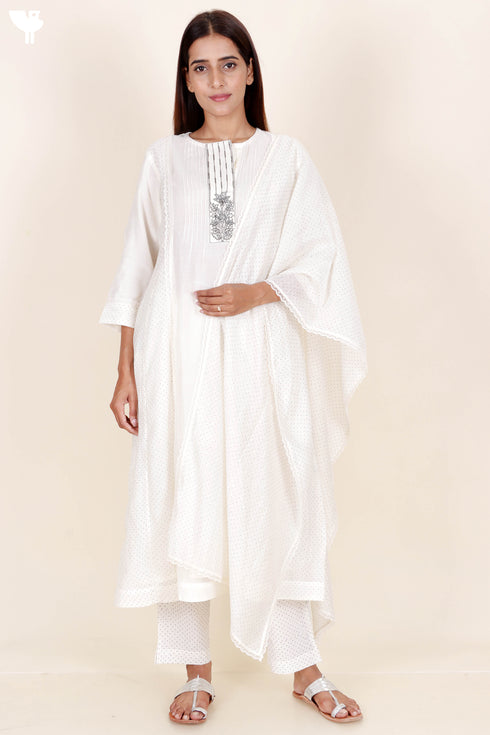 Chanderi Silk Kurta Pant And Dupatta Set In Block Print