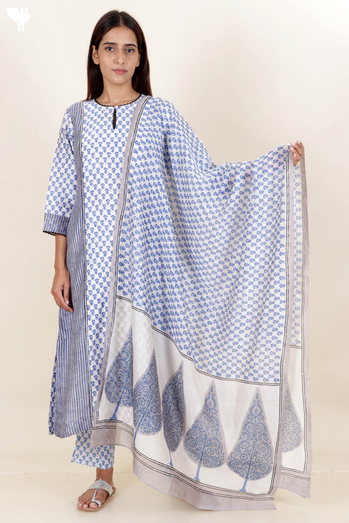 Chanderi Silk Kurta Pant And Dupatta Set In Block Print