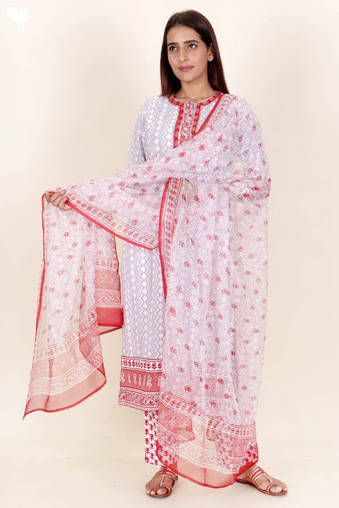 Cotton Kurta And Pant Set With Dupatta In Block Print