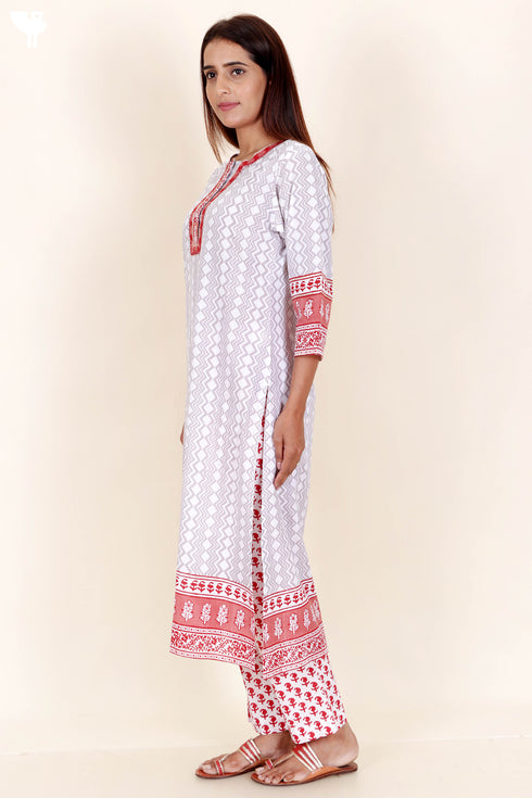 Cotton Kurta And Pant Set With Dupatta In Block Print