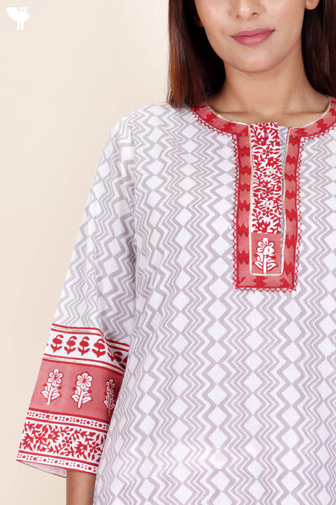 Cotton Kurta And Pant Set With Dupatta In Block Print