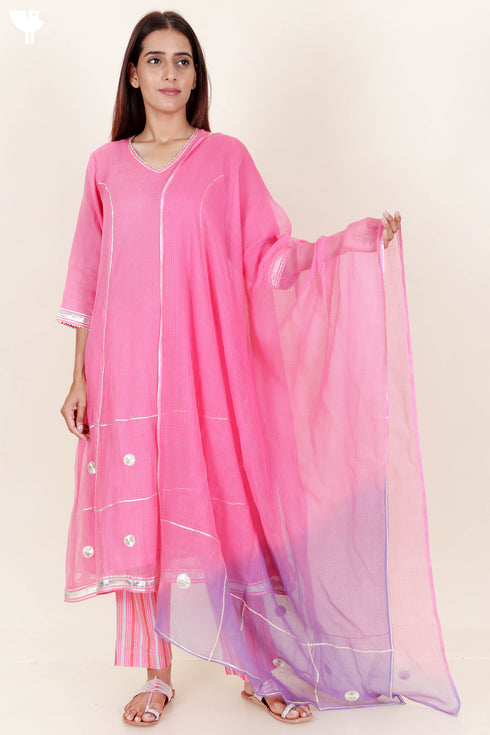 Kota Doria Kurta Pant And Dupatta Set With Gota Patti