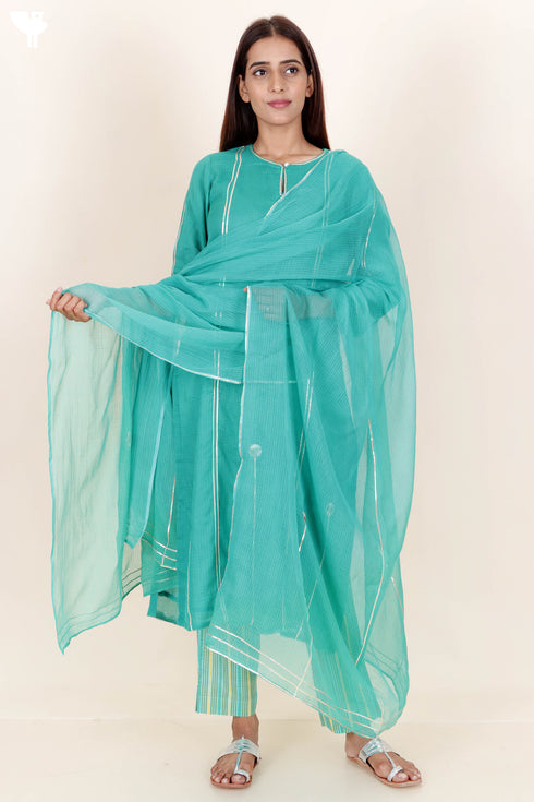 Kota Doria Kurta Pant And Dupatta Set With Gota Patti