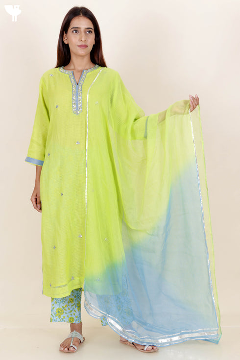 Kota Doria Kurta Pant And Dupatta Set With Gota Patti