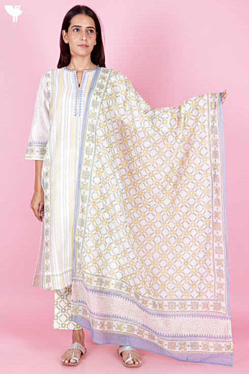Chanderi Silk Kurta Pant And Dupatta Set In Block Print