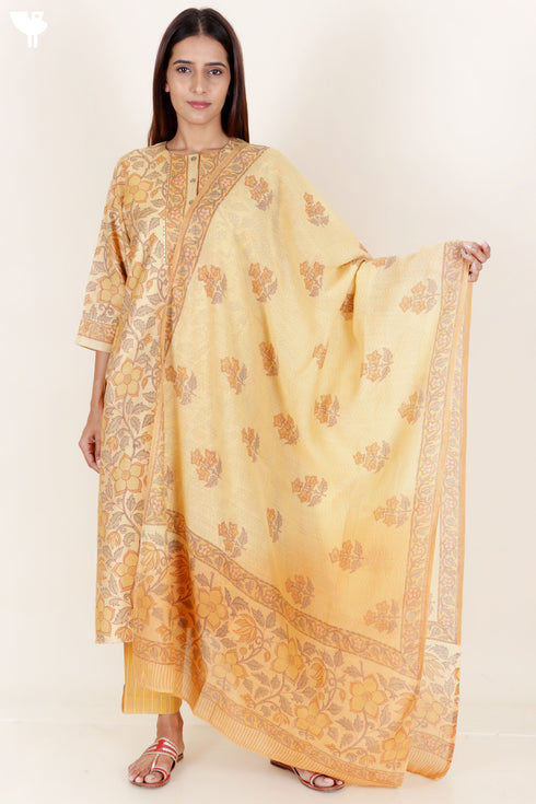 Tussar Cotton Kurta Pant And Dupatta Set In Floral Block Print