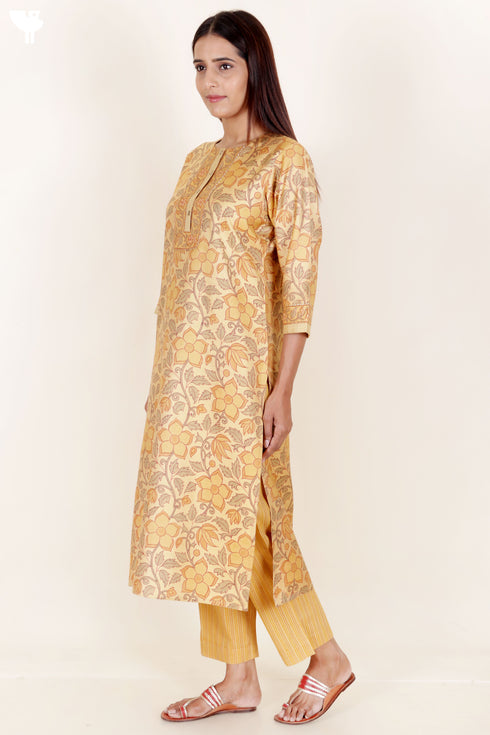Tussar Cotton Kurta Pant And Dupatta Set In Floral Block Print