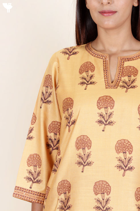 Tussar Cotton Kurta Pant And Dupatta Set In Floral Block Print