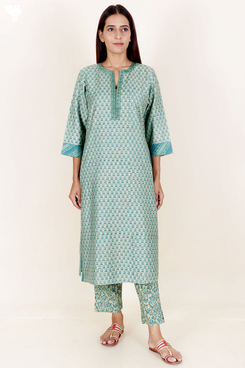 Tussar Cotton Kurta Pant And Dupatta Set In Block Print