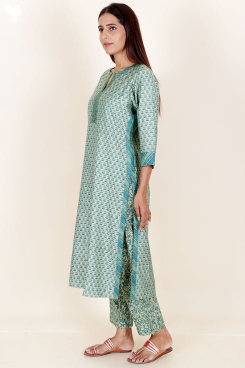 Tussar Cotton Kurta Pant And Dupatta Set In Block Print