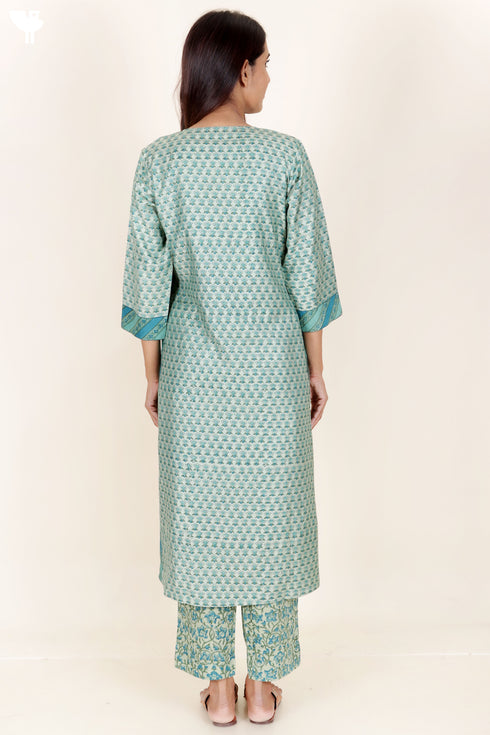 Tussar Cotton Kurta Pant And Dupatta Set In Block Print