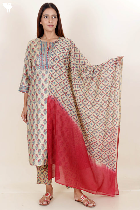 Tussar Cotton Kurta Pant And Dupatta Set In Block Print