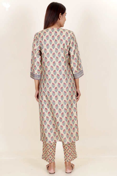 Tussar Cotton Kurta Pant And Dupatta Set In Block Print