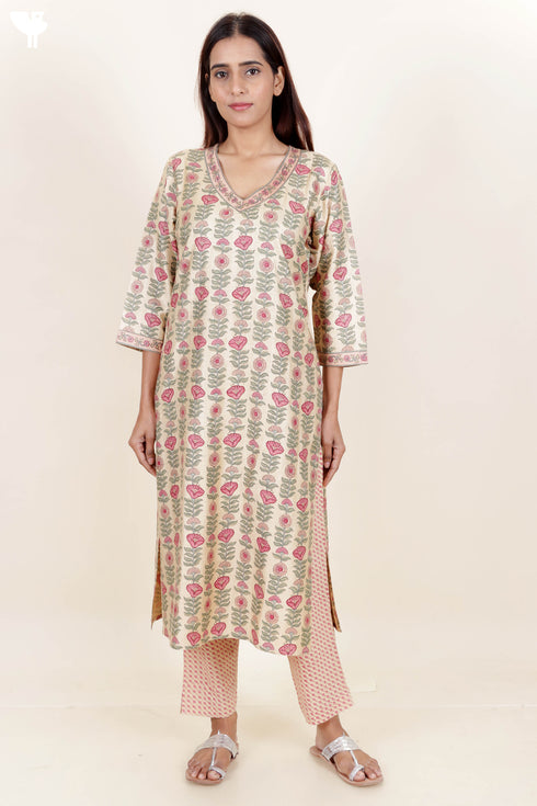 Tussar Cotton Kurta Pant And Dupatta Set In Block Print