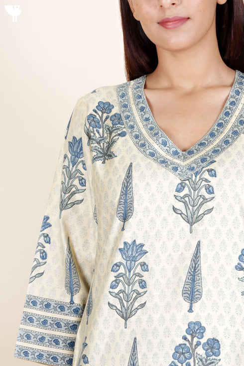 Tussar Cotton Kurta Pant And Dupatta Set In Block Print