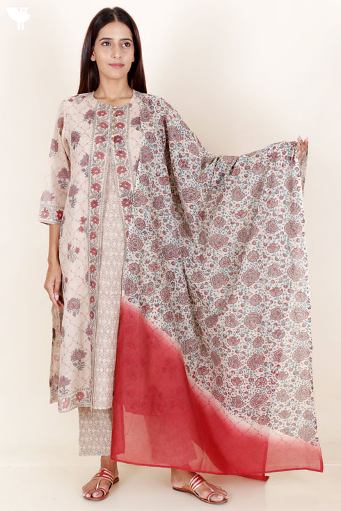Chanderi Silk Kurta Pant And Dupatta Set In Block Print