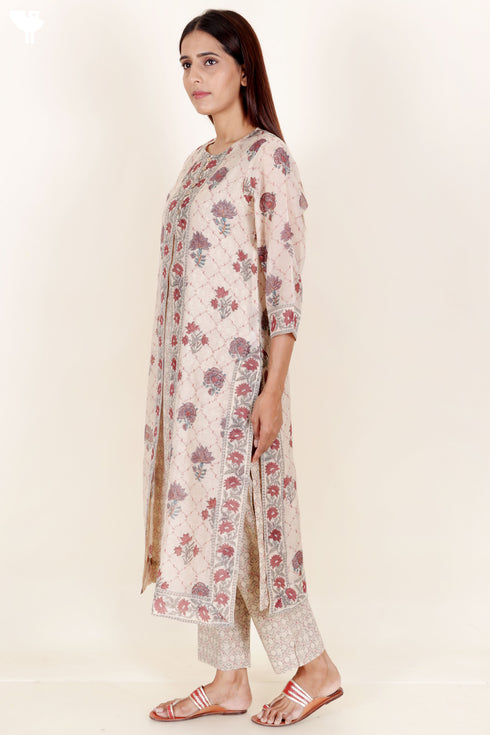 Chanderi Silk Kurta Pant And Dupatta Set In Block Print