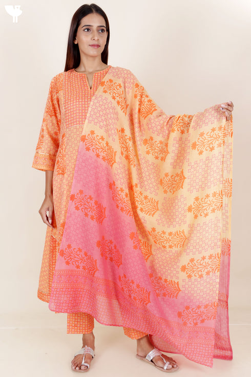 Chanderi Silk Kurta Pant And Dupatta Set In Block Print