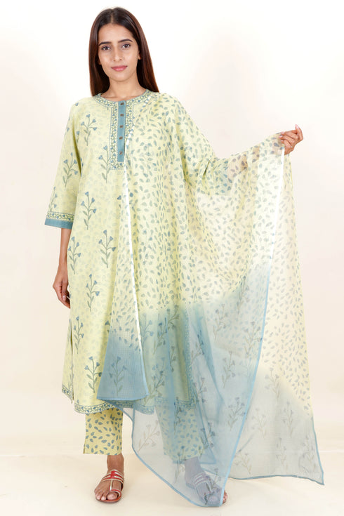 Khaadi Cotton Kurta And Pant Set With Kota Dupatta Block Print