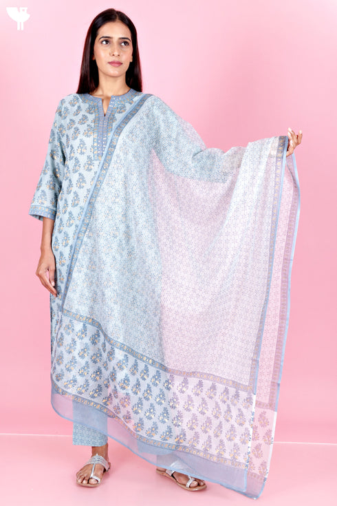 Kota Doria Kurta Pant Set With Dupatta In Block Print