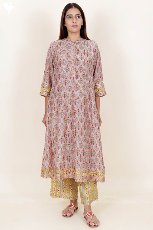 Modal Silk Kurta And Pant Set With Block Print