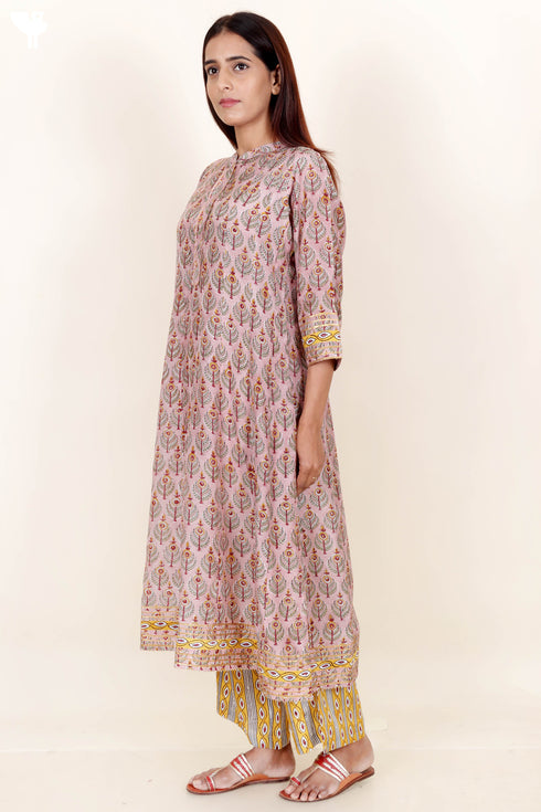 Modal Silk Kurta And Pant Set With Block Print