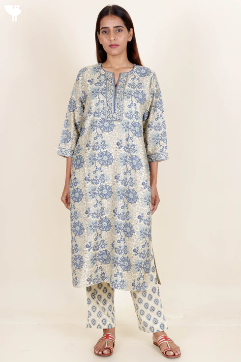 Tussar Cotton Kurta Pant And Dupatta Set With Block Print