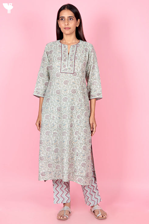 Chanderi Silk Kurta And Pant Set With Dupatta Block Print