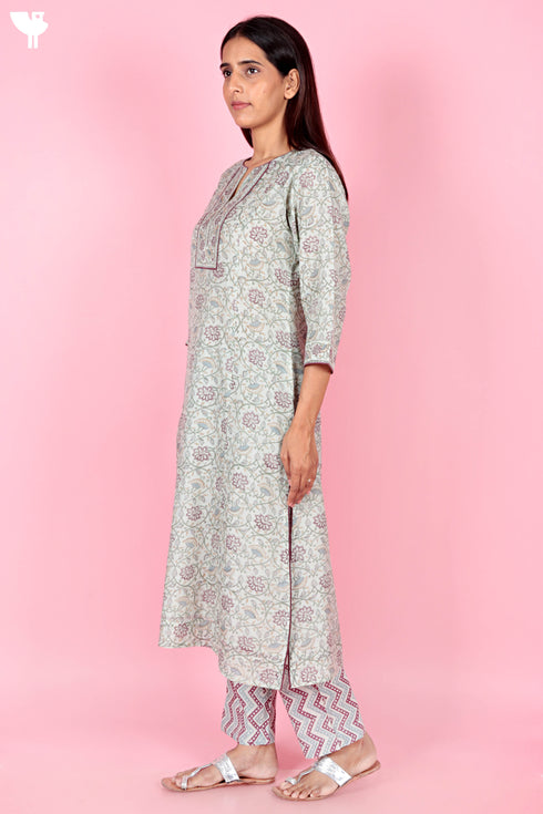 Chanderi Silk Kurta And Pant Set With Dupatta Block Print