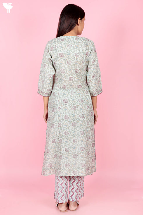 Chanderi Silk Kurta And Pant Set With Dupatta Block Print