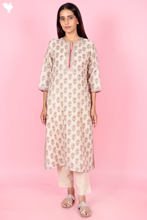 Chanderi Silk Kurta And Pant Set With Dupatta Block Print
