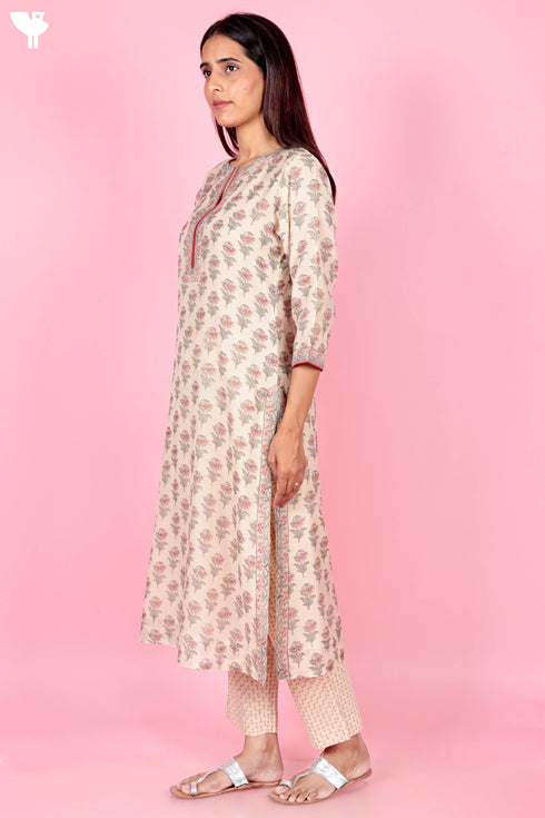 Chanderi Silk Kurta And Pant Set With Dupatta Block Print