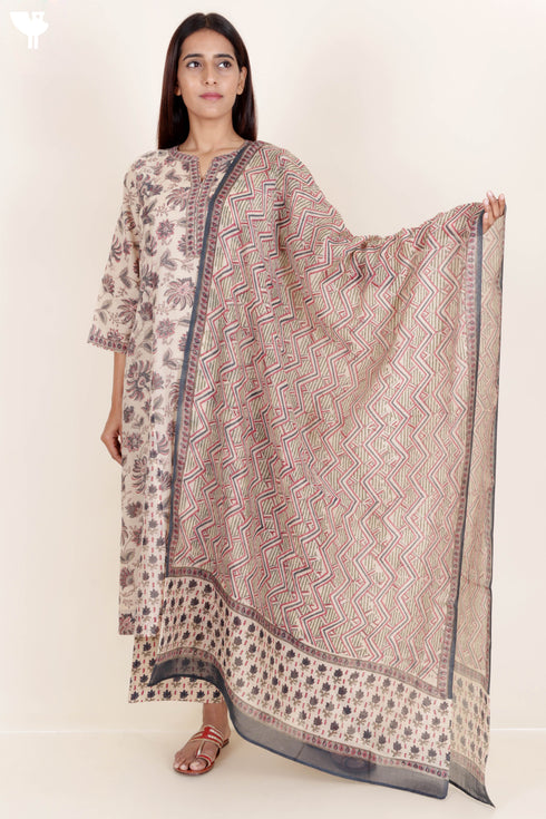 Chanderi Silk Kurta Pant With Dupatta In Floral Block Print