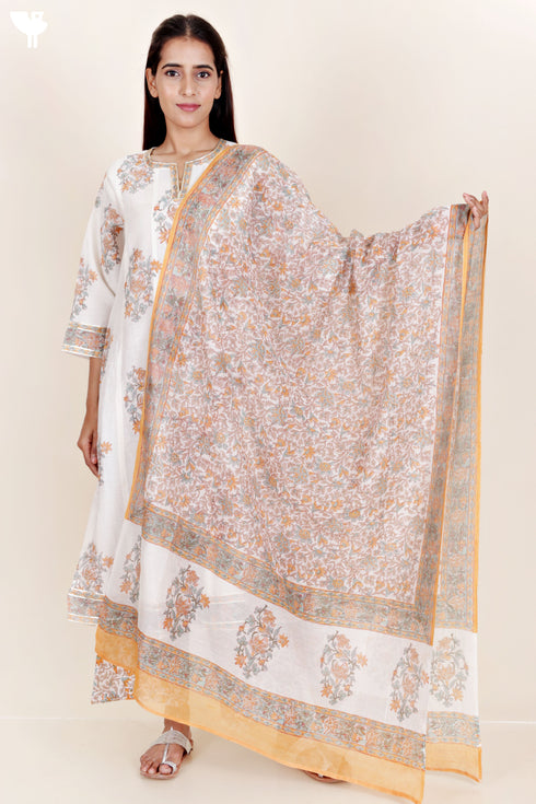 Chanderi Silk Kurta Pant And Dupatta Set In Block Print
