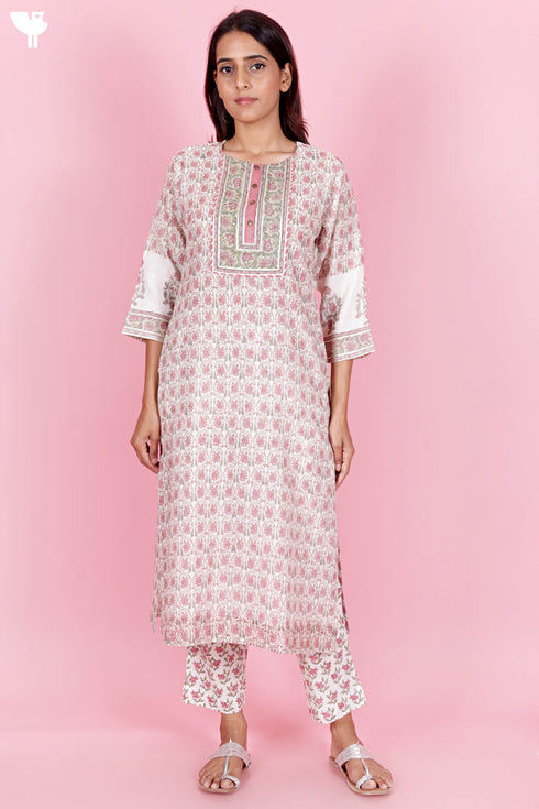Chanderi Silk Kurta Pant And Dupatta Set In Block Print