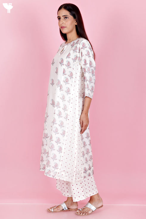 Chanderi Silk Kurta Pant And Dupatta Set In Block Print