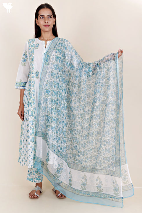 Cotton Kurta Pant And Dupatta Set In Block Print