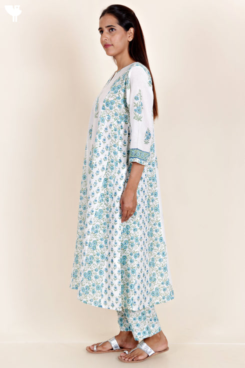 Cotton Kurta Pant And Dupatta Set In Block Print
