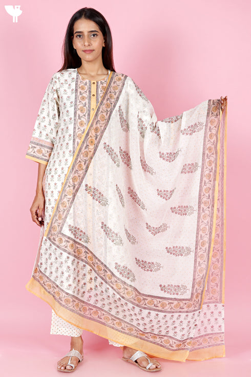 Chanderi Silk Kurta Pant And Dupatta Set In Block Print