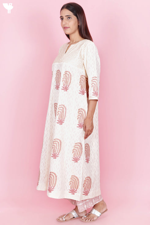 Jacquard Cotton Kurta Pant And Silk Dupatta Set In Block Print