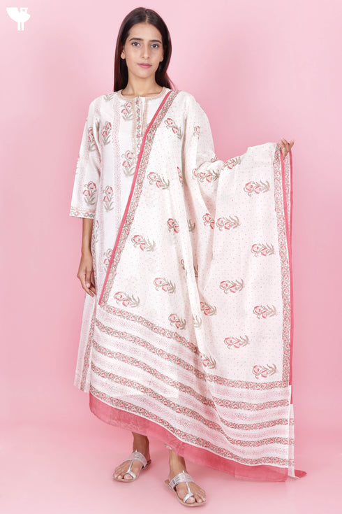 Chanderi Silk Kurta Pant And Dupatta Set In Block Print