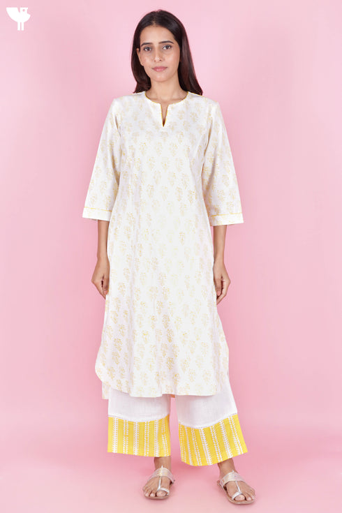 Blended Cotton Kurta Pant Set In Block Print